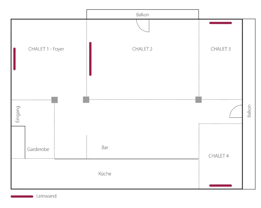 Floor plan of the Greenvieh Chalet showing Chalets 1 to 4, foyer, bar and kitchen in Mieming